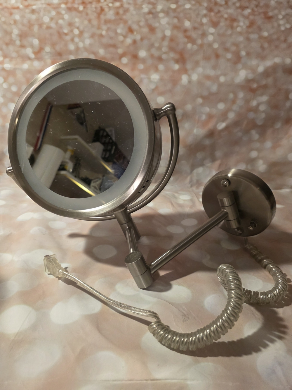 Wall-Mount Lighted Makeup Mirror in Silver
